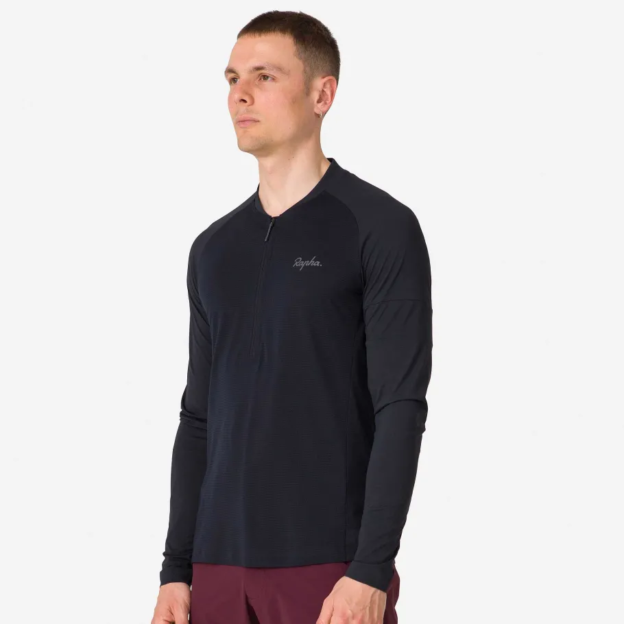 New Rapha Men'S Explore Long Sleeve Zip Neck Tech T-Shirt Black/Black
