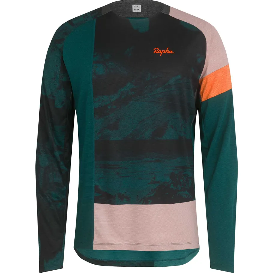 Sale Rapha Men'S Printed Trail Long Sleeve Technical T-Shirt Pistachio/Orange