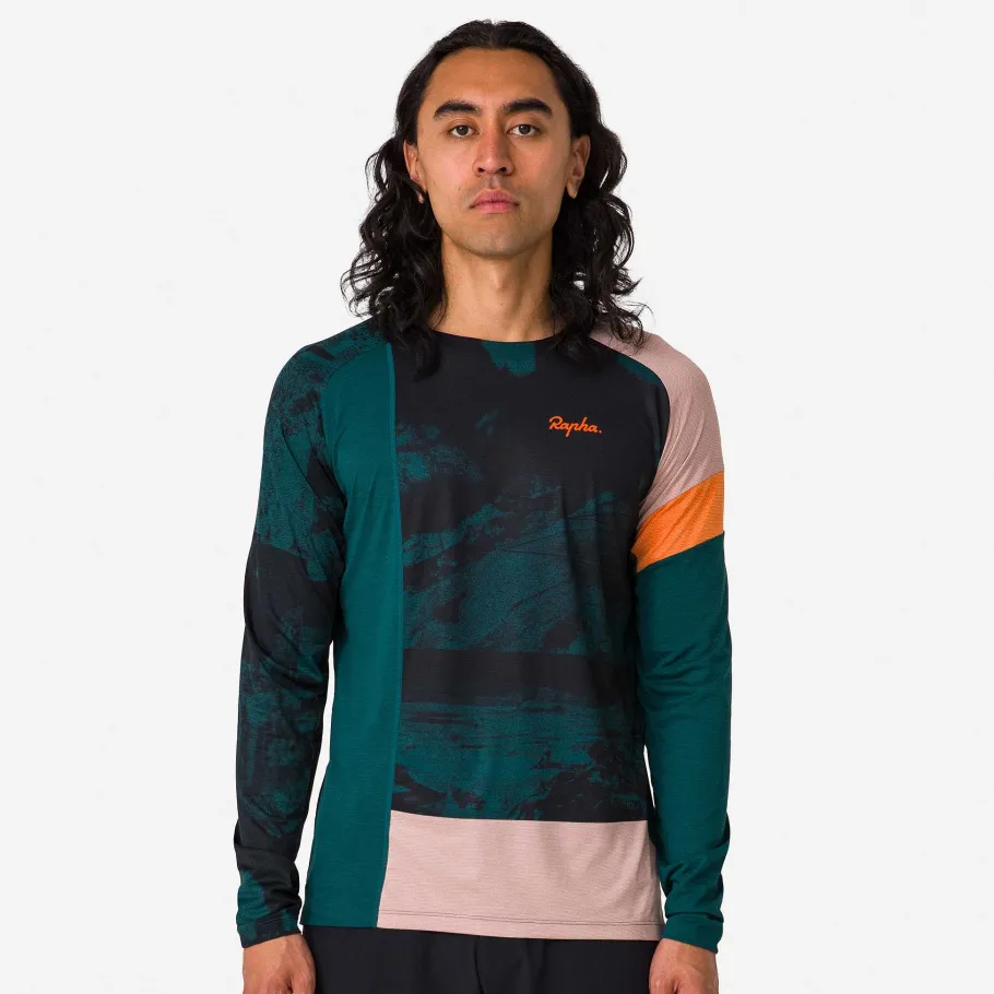 Sale Rapha Men'S Printed Trail Long Sleeve Technical T-Shirt Pistachio/Orange