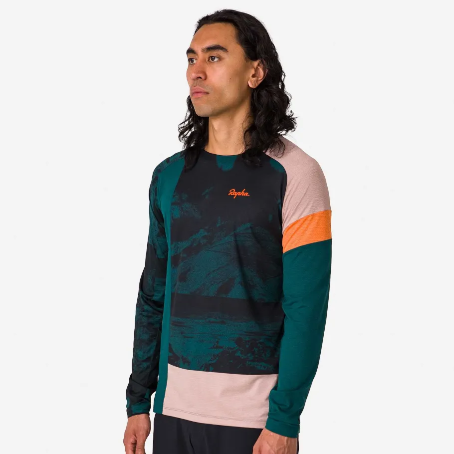Sale Rapha Men'S Printed Trail Long Sleeve Technical T-Shirt Pistachio/Orange