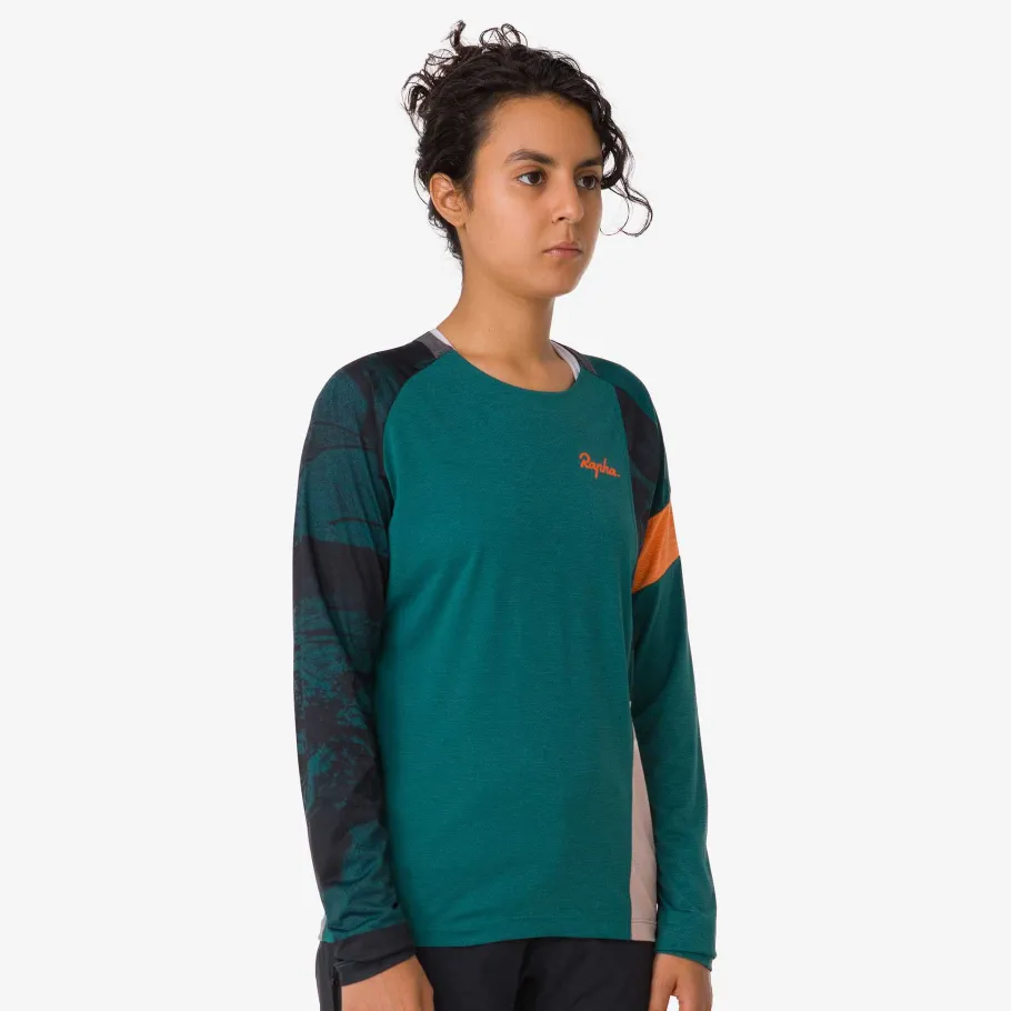 New Rapha Women'S Printed Trail Long Sleeve Technical T-Shirt Blue Green/Scarlet Ibis