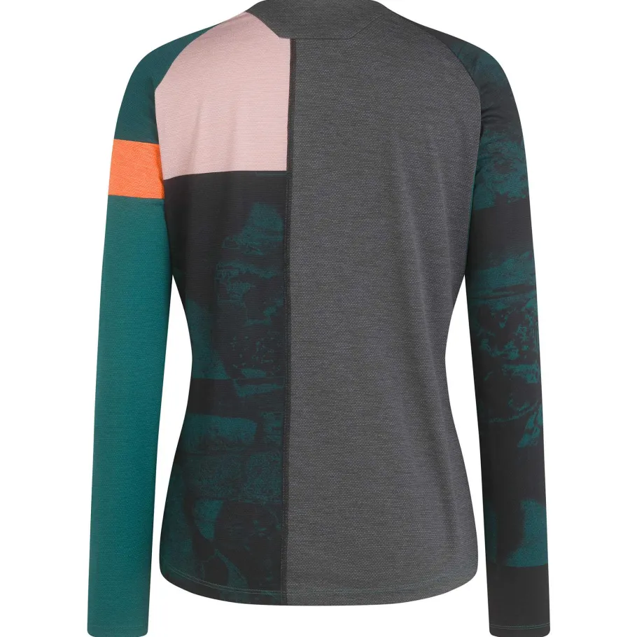 New Rapha Women'S Printed Trail Long Sleeve Technical T-Shirt Blue Green/Scarlet Ibis