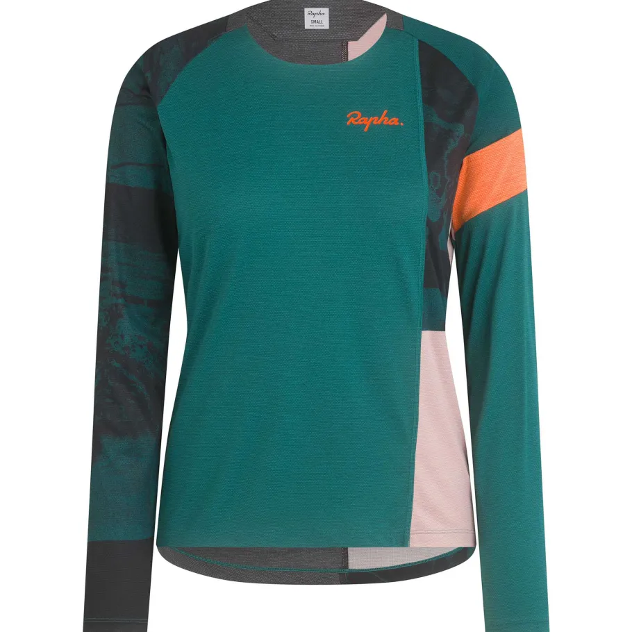 New Rapha Women'S Printed Trail Long Sleeve Technical T-Shirt Blue Green/Scarlet Ibis
