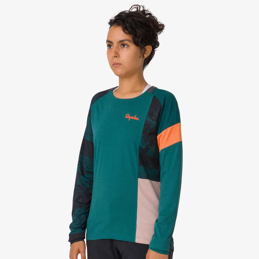 New Rapha Women'S Printed Trail Long Sleeve Technical T-Shirt Blue Green/Scarlet Ibis
