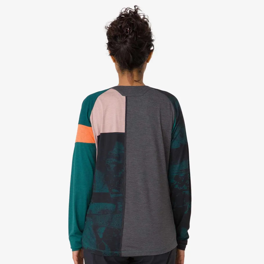New Rapha Women'S Printed Trail Long Sleeve Technical T-Shirt Blue Green/Scarlet Ibis