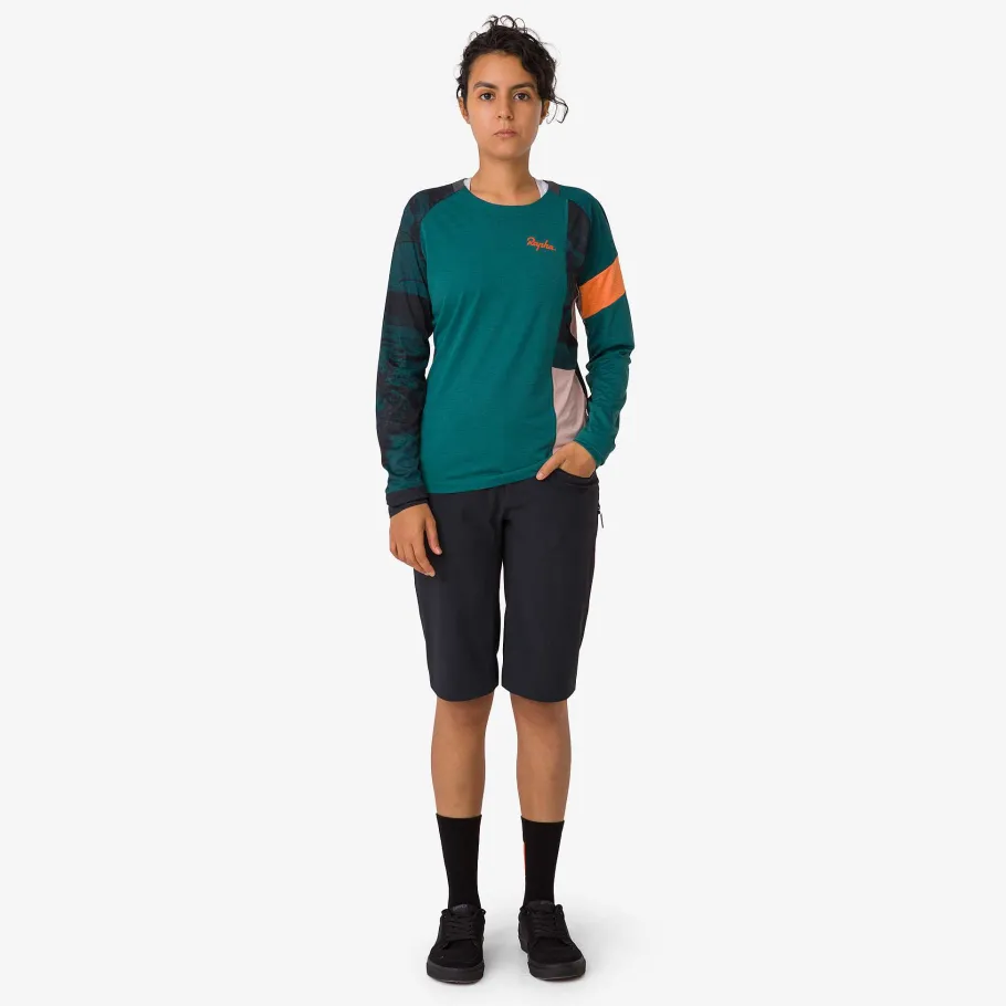 New Rapha Women'S Printed Trail Long Sleeve Technical T-Shirt Blue Green/Scarlet Ibis